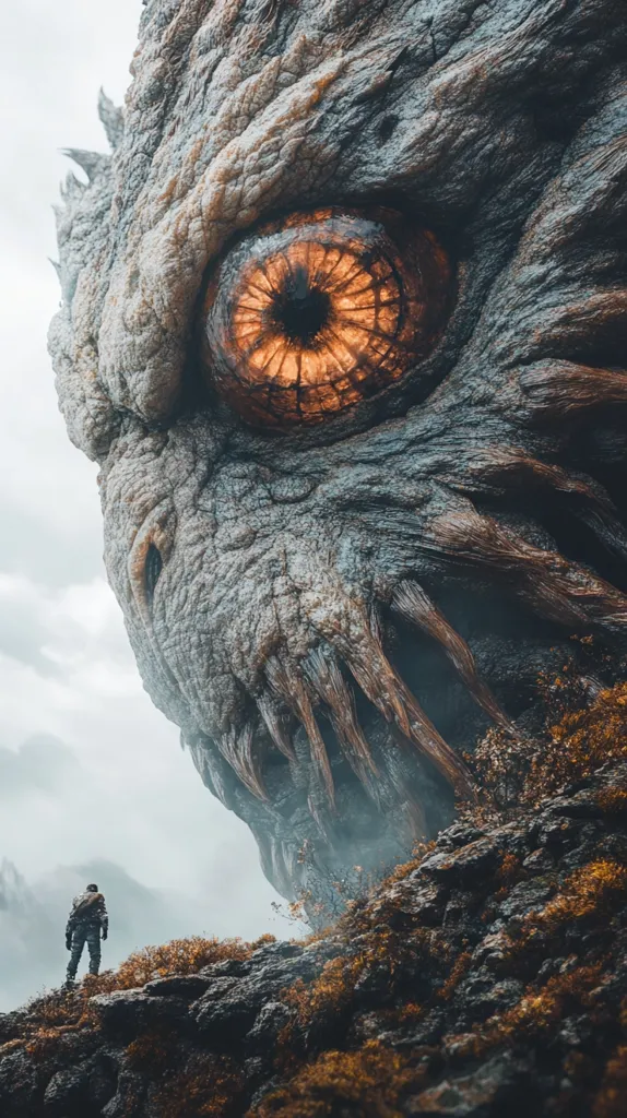 A lone figure stands on a rocky hillside, dwarfed by an immense, monstrous face looming overhead. The creature's skin resembles weathered stone, its texture rough and craggy.  A large, glowing amber eye dominates the composition, staring intensely.  The creature's mouth is a jagged maw filled with sharp, tooth-like protrusions.  The overall scene is ominous and evokes a sense of awe and unease, possibly depicting a mythical being or a fantastical landscape.  The misty atmosphere adds to the mysterious and somewhat foreboding mood.