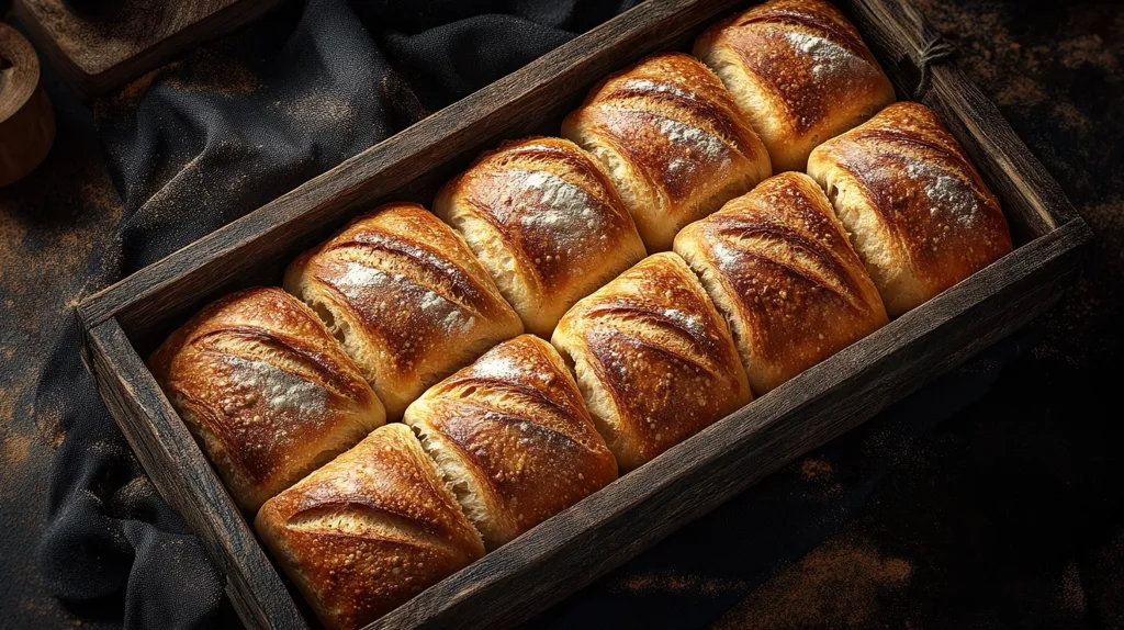 Here's a description of the image:

A rustic wooden box overflows with twelve freshly baked bread rolls.  The rolls are golden brown, with a slightly crisp crust and visible scoring.  They're arranged neatly, showcasing their appealing texture and a light dusting of flour. The dark wood of the box contrasts beautifully with the warm tones of the bread, creating a visually appealing and appetizing image. The background is dark and slightly textured, enhancing the focus on the baked goods.  The overall scene evokes a feeling of warmth and homemade goodness.