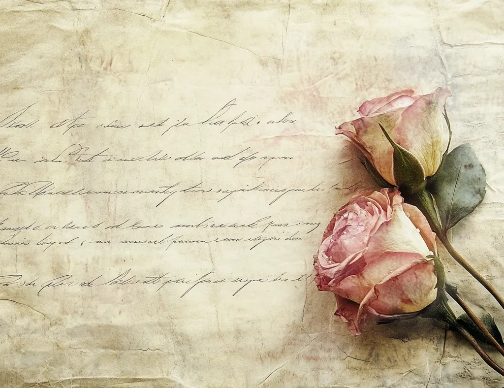 Here's a description of the image:

The image is a stylized photograph of two pale pink roses resting on an antique letter. The roses appear slightly wilted, lending a vintage, romantic feel. The letter beneath is written in elegant cursive script on aged, textured paper, showing signs of wear and discoloration. The overall color palette is muted and warm, with browns, creams, and soft pinks dominating the scene. The composition creates a nostalgic and sentimental mood, suggesting themes of remembrance or lost love. The texture of the paper and the roses adds depth and visual interest.