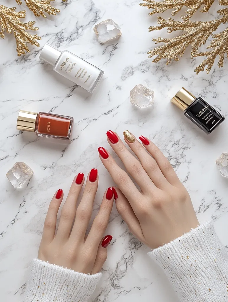 Here's a description of the image:

A flatlay photograph showcases a pair of hands with freshly manicured nails, painted a vibrant red with one accent nail featuring gold glitter. The hands rest on a marble surface adorned with clear quartz crystals and gold decorative branches.  Two nail polish bottles, one a deep red-brown and the other black, are visible, along with a white bottle of what appears to be skincare. The overall aesthetic is luxurious and festive, suggestive of a holiday or special occasion. The setting is clean and minimalist.