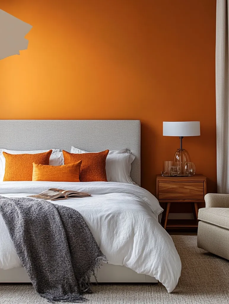 A bedroom features a gray upholstered bed with white linens and burnt orange throw pillows. A gray throw blanket is draped over the foot of the bed. A small wooden nightstand with a table lamp and decorative glassware sits beside the bed.  The walls are painted a vibrant burnt orange, creating a warm and inviting atmosphere.  A neutral-toned rug covers the floor, and a portion of a beige armchair is visible in the corner.  The overall style is modern and minimalist.