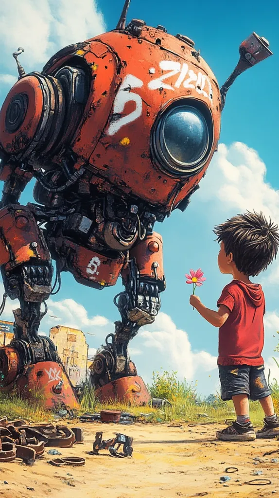 A young boy offers a pink flower to a large, rusty, red robot. The robot is heavily weathered, with graffiti markings visible on its spherical head.  The scene is set in a desolate, post-apocalyptic landscape, with overgrown vegetation and remnants of broken structures in the background. The contrast between the child's innocence and the robot's imposing size creates a poignant and thought-provoking image. The overall style is digital painting, with a focus on detail and atmospheric perspective.