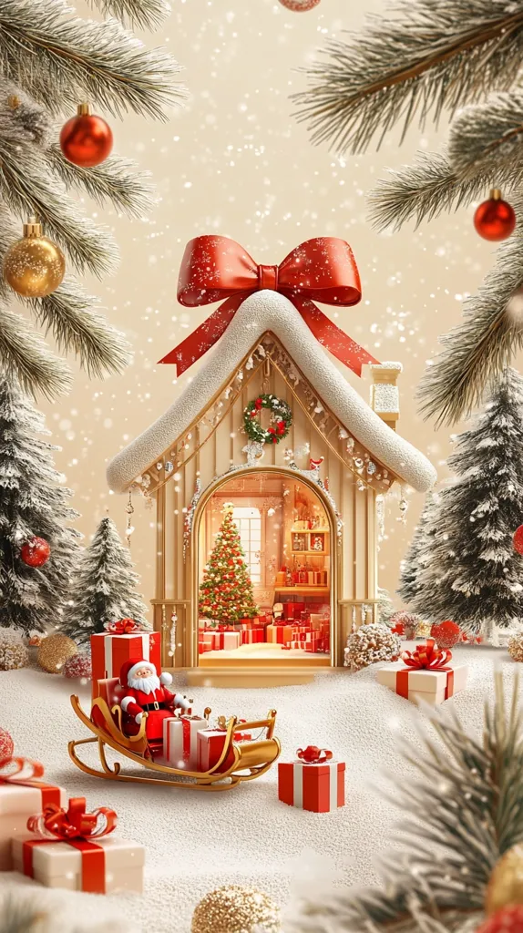 A charming Christmas scene unfolds, featuring a snow-covered cottage adorned with a large red bow.  Inside, a beautifully decorated Christmas tree glows.  Santa Claus sits in a golden sleigh laden with gifts, nestled in a snow-dusted landscape surrounded by more presents and evergreen branches laden with ornaments. The overall ambiance is warm, festive, and magical, evoking the spirit of Christmas.  A light snowfall adds to the enchanting atmosphere.