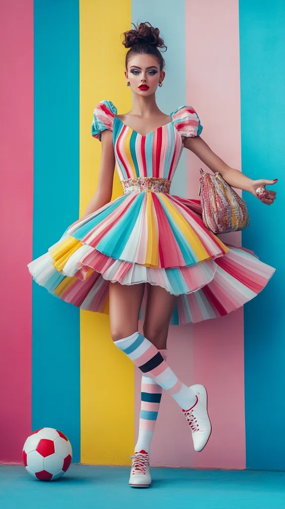 A young woman with a high bun poses against a vibrant, multicolored striped backdrop. She wears a playful, rainbow-striped pleated dress, knee-high striped socks, and white sneakers. A small soccer ball rests near her feet, adding a touch of whimsy. She carries a textured handbag, complementing her colorful outfit. The overall image is stylish and vibrant, conveying a sense of fun and youthfulness.
