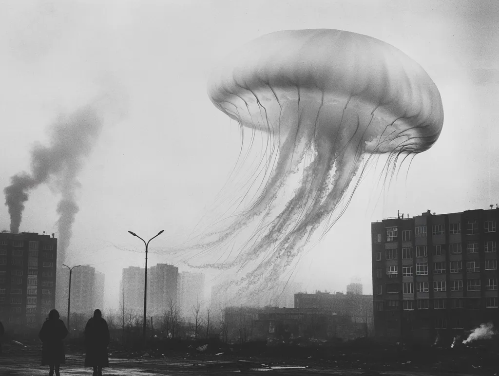Here's a description of the image:

A black and white photograph depicts a colossal jellyfish-like form dominating the sky above a bleak, urban landscape.  The jellyfish, rendered with remarkable detail, has a large, bulbous bell and numerous long, flowing tentacles.  Industrial smoke plumes rise from buildings in the background, contrasting with the ethereal presence of the jellyfish. Two figures, small in scale, walk in the foreground, adding a sense of human insignificance against the surreal scene. The overall mood is somber and unsettling, evoking a sense of dystopia or otherworldly intrusion.