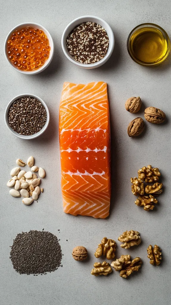 Here's a description of the image:

A flatlay photograph showcases a variety of foods rich in omega-3 fatty acids.  At the center is a salmon fillet, flanked by bowls of chia seeds, flax seeds, and orange fish eggs.  Scattered around are walnuts, white beans, and a small bowl of olive oil.  The background is a neutral grey surface, highlighting the vibrant colors of the food.  The overall impression is one of healthy, nutritious eating.