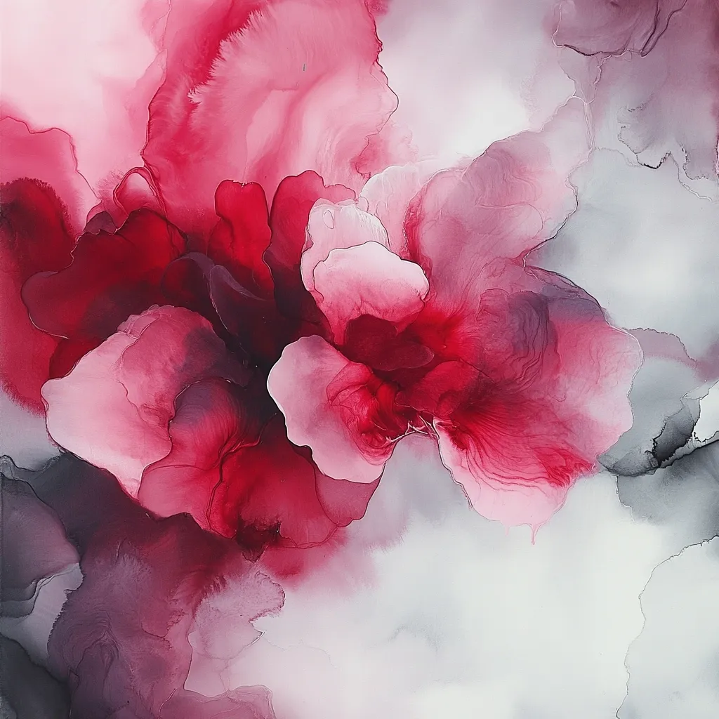 This abstract artwork uses alcohol ink to create a dreamy, fluid depiction of flowers.  Crimson and deep pink hues dominate, blending softly into muted grays and whites. The petals are undefined, appearing as swirling masses of color, giving a sense of movement and ethereal beauty.  The piece's overall effect is one of delicate strength and romantic ambiguity.