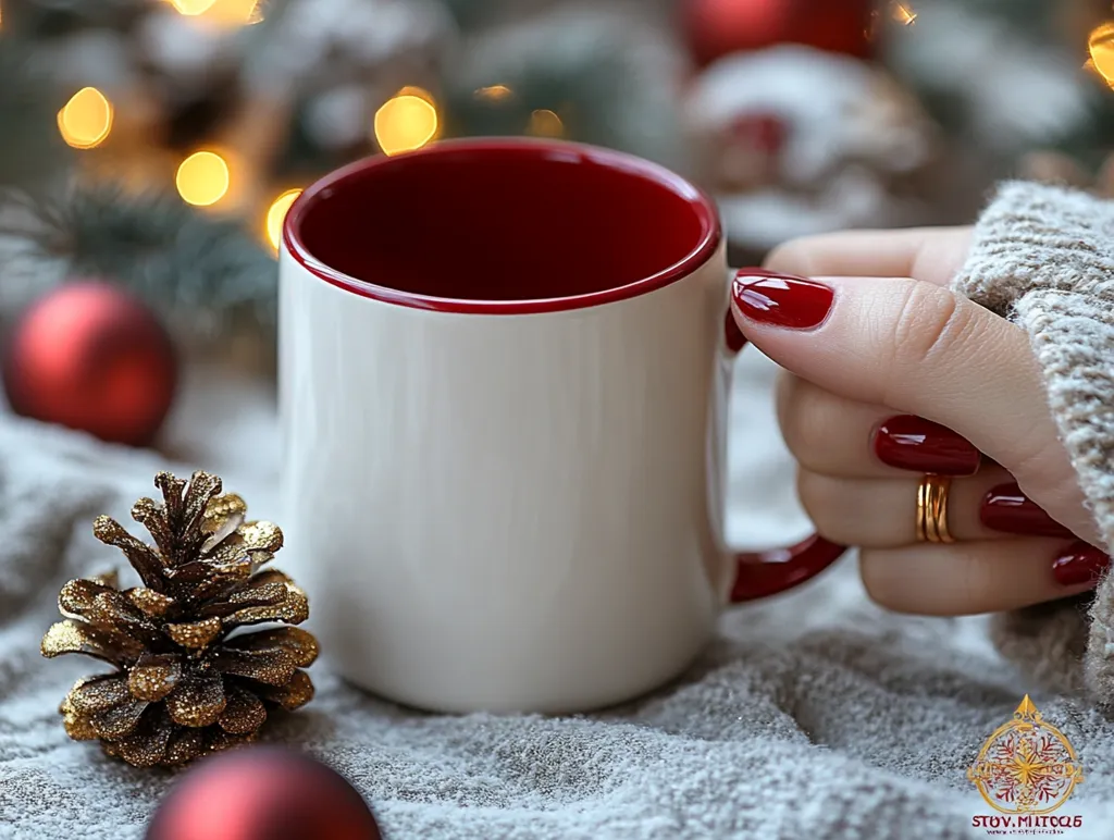 A hand in a cozy knit sweater gently holds a red-rimmed, white mug, possibly filled with a warm beverage. The scene is set against a soft, gray textured fabric, adorned with a gold-glittered pine cone and red Christmas ornaments.  Soft, warm, out-of-focus Christmas lights add to the festive, comforting atmosphere.  The overall mood is one of cozy holiday relaxation.