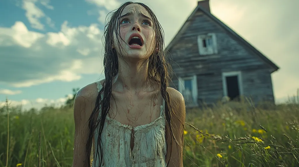 A young girl, appearing distressed and covered in mud and what seems to be blood, stands in a field of tall grass.  Her mouth is open in a scream or cry.  Behind her, a dilapidated, grey wooden house stands silhouetted against a cloudy sky.  The overall scene evokes a sense of fear, isolation, and possibly a traumatic event.  The image has a dark and slightly eerie atmosphere.