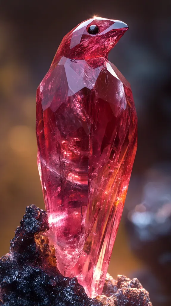 A stunning, vibrant pink gemstone, carved into the shape of a bird, rests on a dark, rough rock.  The gem's multifaceted structure allows light to refract and shimmer within its translucent body, creating a captivating play of light and shadow. The bird-like form is detailed, with a discernible beak and eye, enhancing its exquisite artistry. The contrast between the smooth, polished gem and the coarse texture of the rock is visually striking. The overall image is one of natural beauty and skilled craftsmanship.