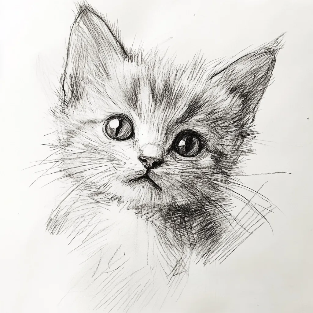 Here's a description of the image:

The image is a detailed pencil sketch of a kitten.  The kitten is depicted from the chest up, its head slightly tilted. Its large, expressive eyes are prominent, and its fur is rendered with short, delicate strokes, creating a sense of texture and fluffiness. The artist uses shading effectively to highlight the kitten's features, particularly its eyes and nose. The background is simple, a plain white, allowing the kitten to be the clear focus of the artwork. The overall style is realistic, capturing the softness and innocence of a young cat.