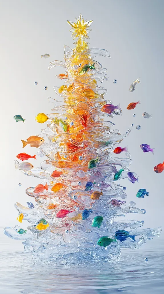 Here's a description of the image:

The image is a stylized depiction of a Christmas tree formed from sculpted water, adorned with numerous small, colorful glass fish. The tree is a gradient of colors, transitioning from yellow at the top to orange and red, then fading to cooler tones lower down. The fish appear to be swimming within and around the water sculpture, creating a dynamic and whimsical scene. The background is a plain light gray, focusing attention on the colorful centerpiece. The overall effect is fantastical and festive, combining elements of a traditional Christmas tree with a unique aquatic theme.