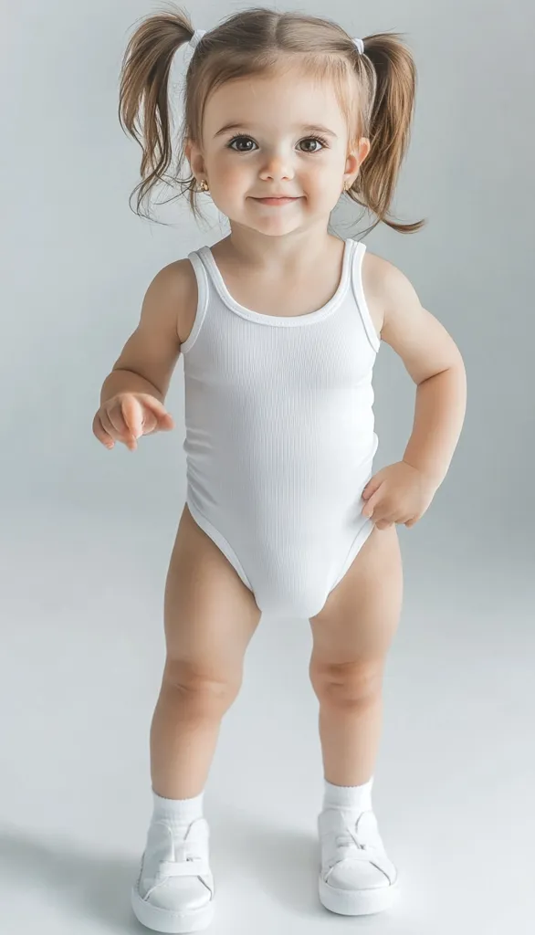 Here's a description of the image:

A toddler girl, with her light brown hair styled in pigtails, stands against a light gray backdrop. She's wearing a simple, ribbed white bodysuit and white sneakers.  Her expression is pleasant and she appears to be standing confidently.  The overall impression is one of clean simplicity and youthful charm.  The photo is well-lit and showcases the child's features clearly.