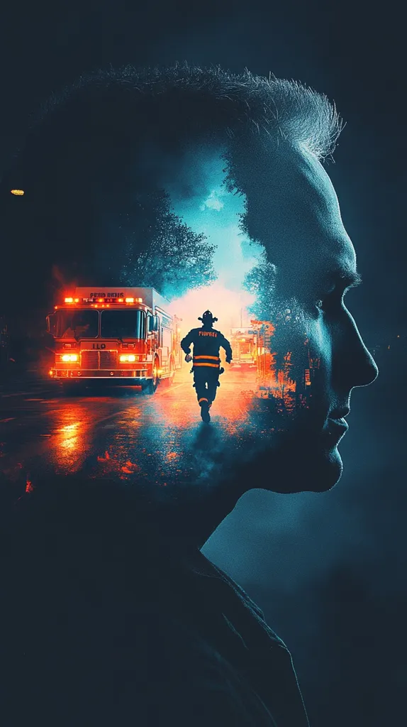Here's a description of the image:

The image is a striking double exposure, blending the profile of a man's face with a scene of a firefighter running towards a firetruck at night.  The firefighter is silhouetted against an orange and blue glow, suggesting flames and emergency lights.  The man's face, rendered in cool blues and greens, dominates the composition, creating a powerful visual metaphor. The overall mood is dramatic and evocative, suggesting themes of heroism, sacrifice, and inner strength. The contrast between the warm colors of the fire and the cool tones of the portrait enhances the intensity of the image.