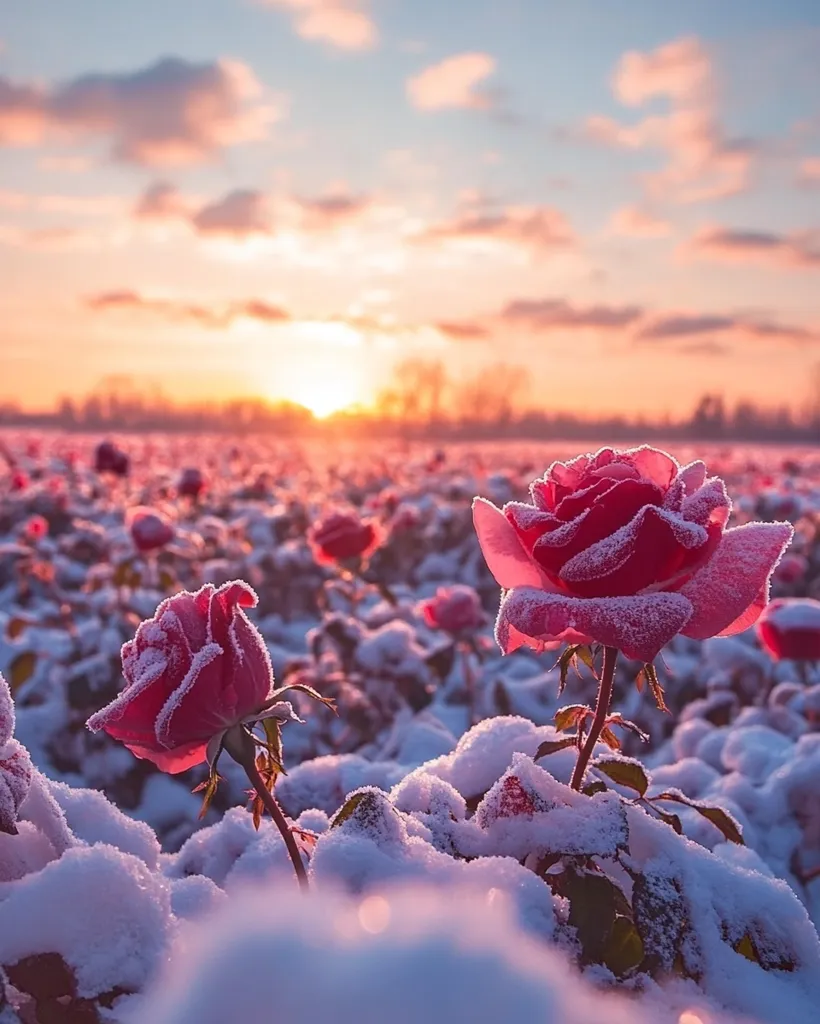 A breathtaking winter sunrise illuminates a field of roses dusted with frost.  Two roses in the foreground stand out, their petals delicately coated in a layer of snow, contrasting beautifully with the warm, golden hues of the sky.  The soft light and snowy landscape create a serene and magical atmosphere, emphasizing the resilience and beauty of nature even in the cold. The overall scene evokes a sense of peace and tranquility.