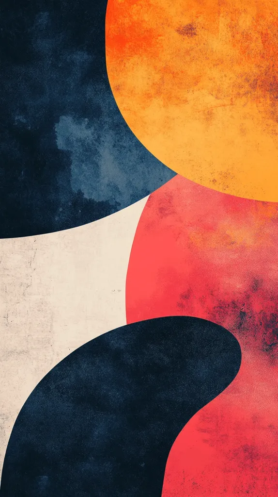 The image is an abstract artwork featuring overlapping organic shapes in a muted color palette.  Dominant colors include deep navy, burnt orange, and a reddish coral, set against a creamy off-white background. The shapes appear textured, with a subtle grunge or distressed effect, giving the piece a vintage or weathered feel. The composition is modern and visually striking due to the contrasting colors and flowing lines. The overall effect is one of subtle movement and harmonious interplay of color and form.