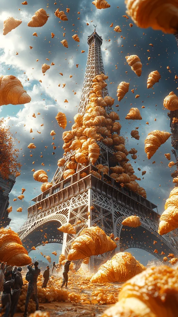 Here's a description of the image:

The Eiffel Tower is depicted in a surreal scene, seemingly overwhelmed by a massive shower of croissants.  The pastries, large and small, fall from the sky and accumulate around the base of the tower, covering the ground. People in the foreground appear dwarfed by the scale of the croissant deluge, some seemingly interacting with the oversized baked goods. The sky is partly cloudy, adding to the dreamlike atmosphere of the digitally created artwork.  The overall effect is whimsical and unexpected, combining Parisian iconography with a fantastical element.