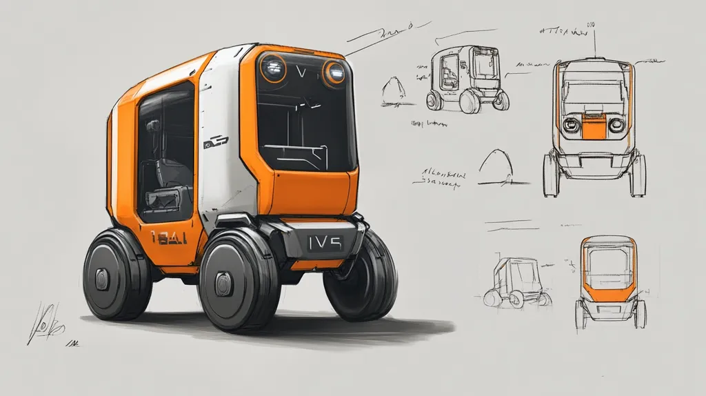 This image shows a concept sketch of a small, futuristic vehicle.  The main illustration depicts an orange and white boxy design with large wheels, possibly an autonomous or electric vehicle.  Surrounding it are several simpler sketches, seemingly exploring different angles and design variations, including side, front, and top views.  Measurements and annotations are visible on the sketches, indicating a design process in progress. The overall style suggests a compact, robust, and potentially off-road capable vehicle.