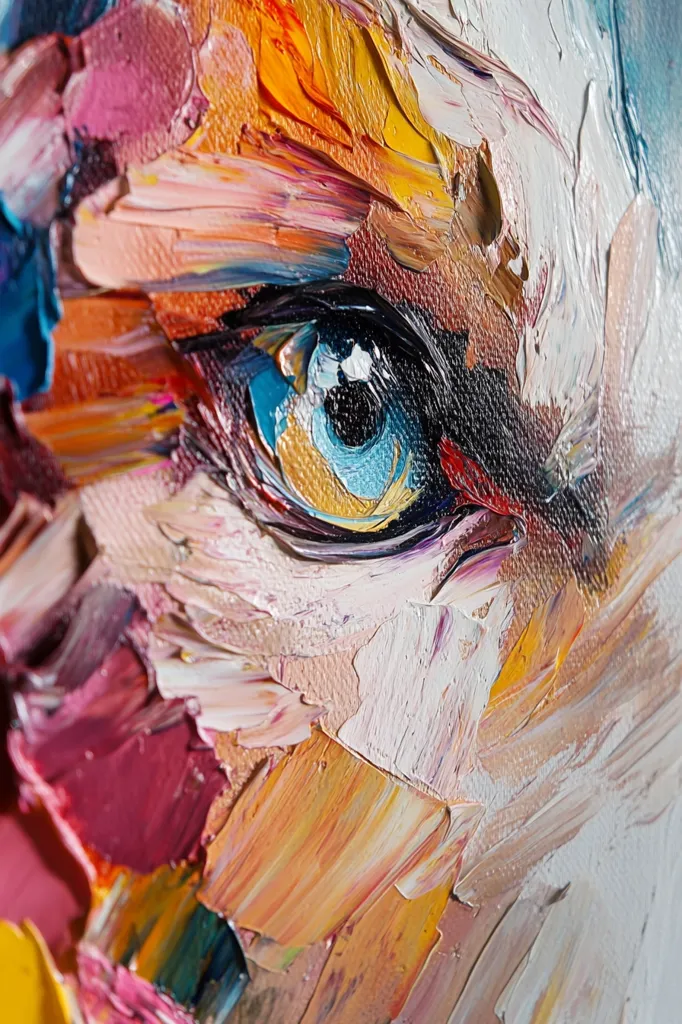 Here's a description of the image:

The image is a close-up detail of an oil painting, focusing on a stylized eye.  The artist uses a thick impasto technique, with visible brushstrokes and textured paint creating a dynamic, almost three-dimensional effect.  The eye itself is rendered with blues, yellows, and blacks, while the surrounding skin tones are a blend of pinks, oranges, and whites. The overall color palette is vibrant and warm, with a chaotic yet controlled application of paint suggesting emotion and depth. The style is expressionistic, prioritizing feeling and texture over photorealism.