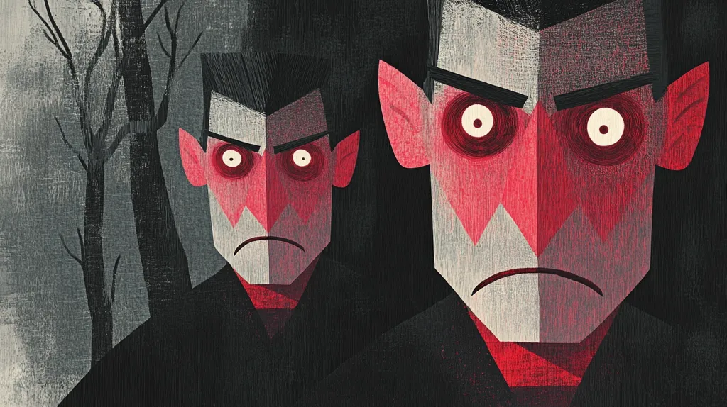 Here's a description of the image:

The illustration features two stylized figures, possibly vampires, depicted in a geometric, almost Cubist manner.  Their faces are a stark contrast of red and gray, with large, expressive eyes.  Pointy ears are visible, adding to their otherworldly appearance. They are dressed in dark clothing against a background of dark gray and shadowy trees, creating a somber, foreboding atmosphere. The textured style suggests a painted or printed medium.  The overall impression is one of mystery and perhaps menace.