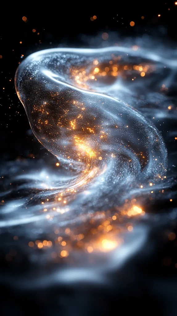 The image depicts a swirling, ethereal nebula-like formation against a black backdrop.  It's primarily composed of translucent, bluish-white wisps that create a dynamic, fluid shape.  Embedded within these swirls are numerous tiny, golden sparks and specks of light, giving the impression of glittering dust or energy.  The overall effect is one of cosmic beauty and intense, otherworldly movement. The darkness surrounding enhances the luminosity of the central formation.