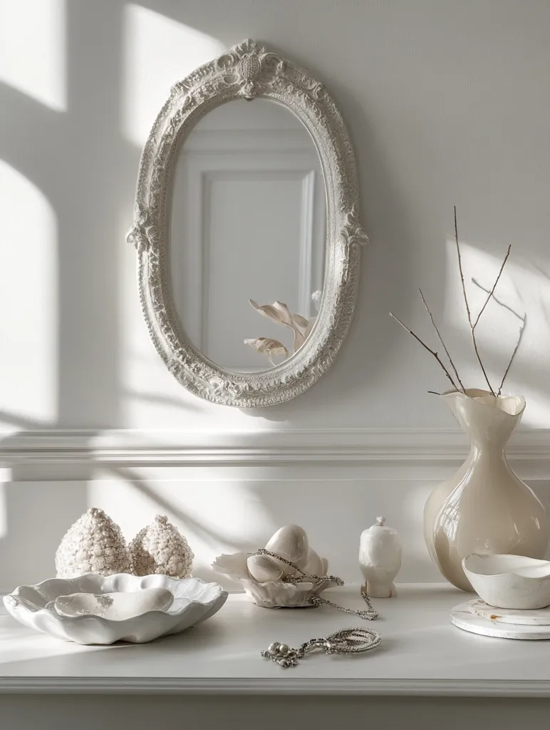 Here's a description of the image:

Sunlight streams into a room, illuminating a white, ornately-framed oval mirror hanging on a white wall.  Below, on a white surface, sits a collection of  pale beige and white ceramic objects: two textured pinecone-shaped ornaments in a shell-shaped bowl, a similar shaped vessel containing a pear-like object and a necklace, a small ceramic figurine, and a simple ceramic bowl.  A tall, elegant beige vase with a twig arrangement completes the serene, minimalist scene. The overall aesthetic is calm and luxurious.