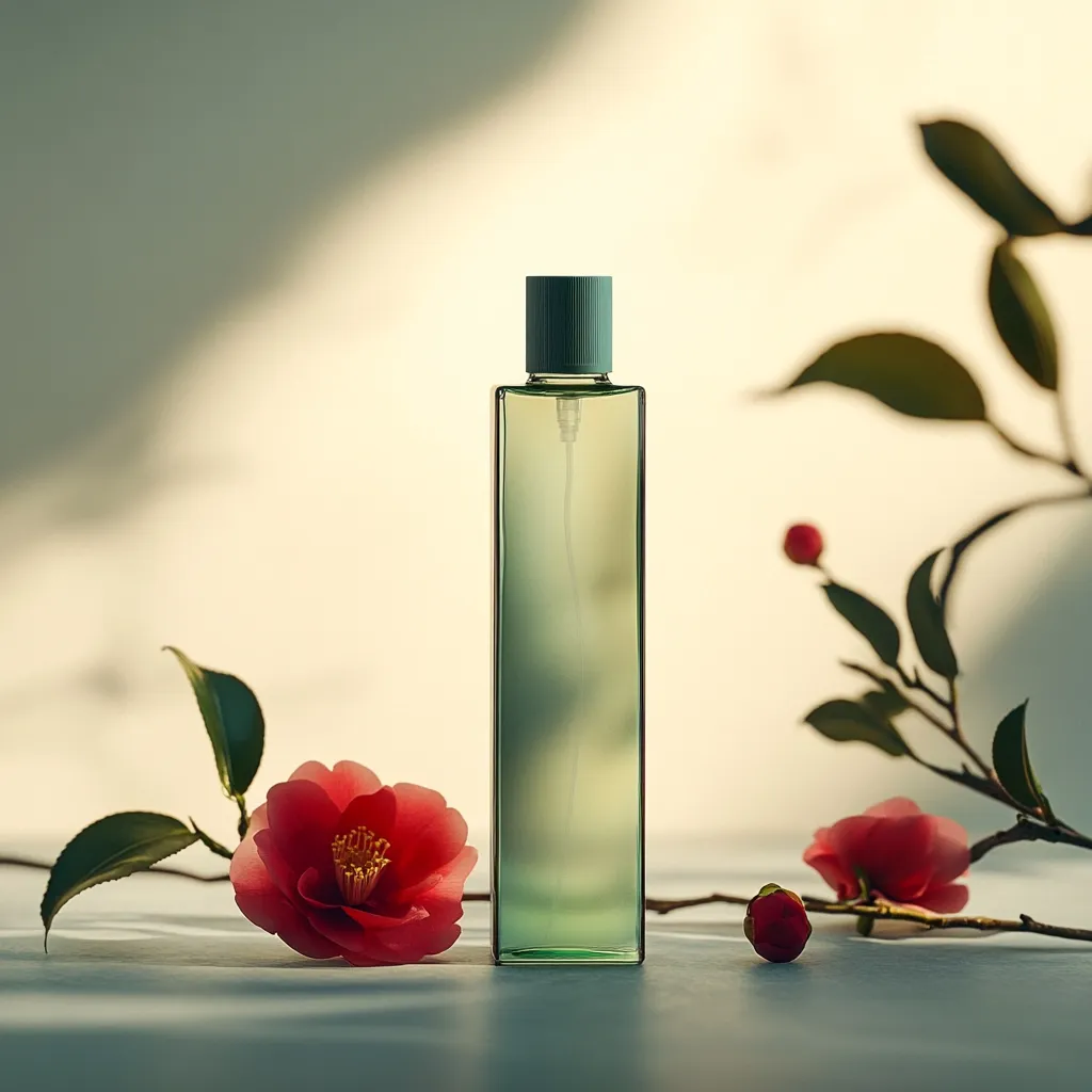 A tall, rectangular bottle of pale green perfume sits center frame, bathed in soft sunlight.  A sprig of camellia blossoms, showcasing vibrant red flowers and dark green leaves, is artfully arranged on either side of the bottle. The background is a muted, off-white, creating a serene and minimalist aesthetic.  The overall impression is one of elegance and natural beauty.