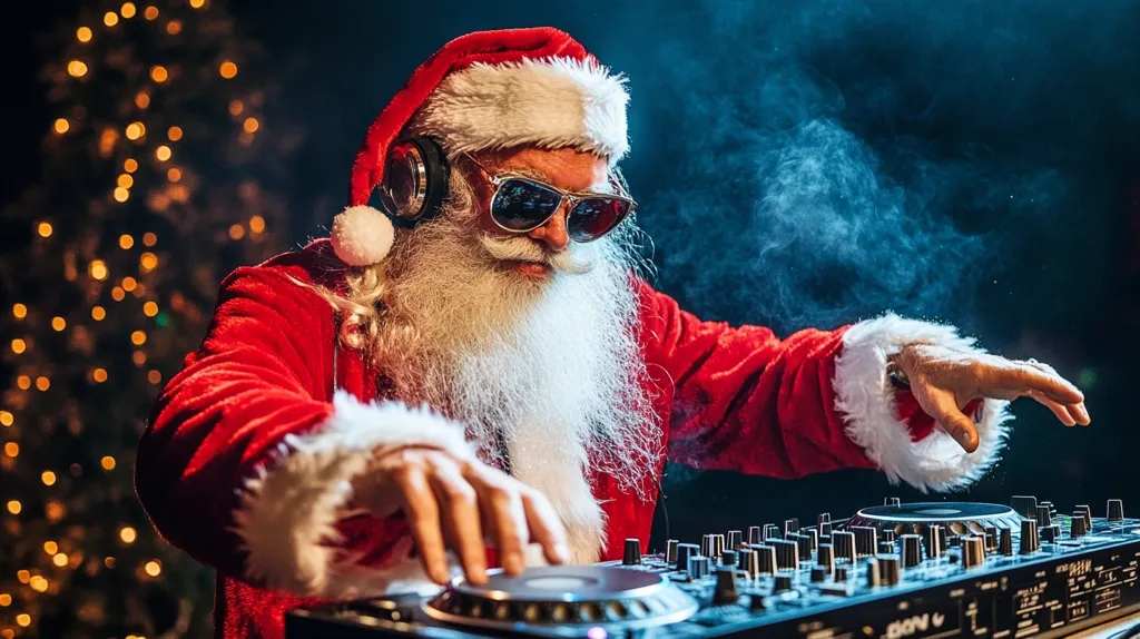 Here's a description of the image:

A modern, stylish Santa Claus is captured in a dynamic pose behind a DJ turntable.  He's wearing his iconic red suit, complete with a white fur trim, but adds a twist with oversized sunglasses and headphones.  His long white beard is prominent.  The setting suggests a nightclub atmosphere, with atmospheric smoke and a blurred Christmas tree with warm lights in the background, creating a festive yet unexpected contrast. Santa's hands are actively working the DJ equipment, suggesting a lively, energetic performance.