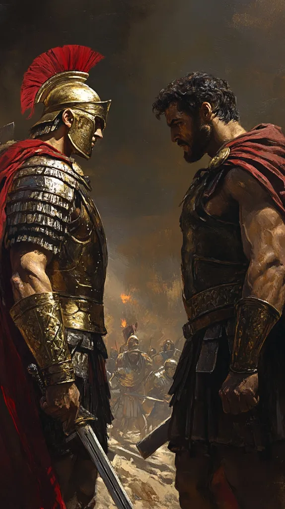 A dramatic depiction of two Roman-era warriors facing off.  One, clad in gleaming gold armor and a plumed helmet, stands opposite a more darkly armored figure.  Their expressions are intense, suggesting a moment of tension before battle.  Behind them, a blurred background shows a mass of soldiers, indicating a larger conflict is at hand. The scene is rich in texture and color, with a focus on the powerful physiques and weaponry of the central figures. The overall mood is one of impending violence and weighty confrontation.