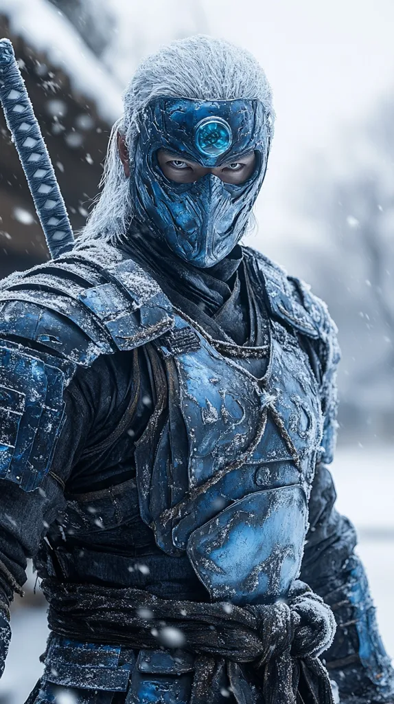 A close-up shot depicts a warrior, possibly Sub-Zero from Mortal Kombat, covered in frost and snow.  He wears a blue, ice-encrusted samurai-style armor and a mask with a central, glowing blue jewel.  Long, white, frosty hair falls past his shoulders. He stands amidst falling snow, a katana partially visible at his side, conveying a sense of cold power and intense focus. The overall atmosphere is one of wintery battle readiness.