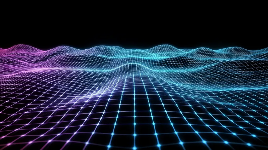 The image shows a digital rendering of a gridded landscape, undulating in soft waves across a black background.  The grid is formed by glowing lines of light, transitioning smoothly from cool purple tones in the foreground to vibrant cyan in the distance.  The overall effect is abstract and suggestive of a digital or technological landscape, with a sense of depth and movement.  The bright, neon-like colors create a visually striking and modern aesthetic.