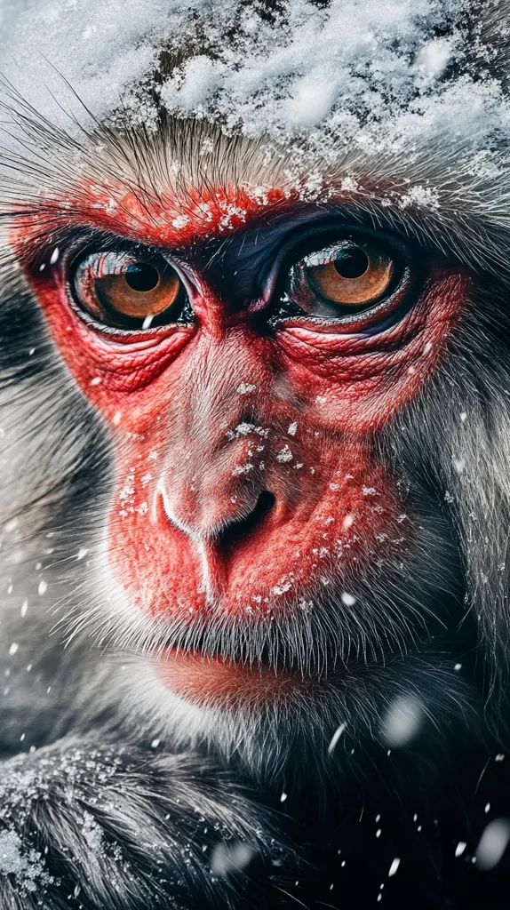 Close-up view of a Japanese macaque's face, dusted with snow.  Its intense, dark eyes are striking against the red, snow-covered skin of its face and the gray fur around its head.  The image focuses on the texture of the fur and the monkey's expressive features, creating a powerful and intimate portrait.  The falling snow adds to the cold, wintery atmosphere.