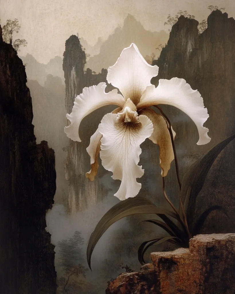 A large, pale orchid dominates the foreground of this serene artwork. Its delicate petals contrast with the rugged, misty mountain landscape in the background.  The muted color palette of browns, grays, and creams creates a tranquil atmosphere.  The orchid appears to grow from a rocky outcrop, its leaves extending towards the viewer.  The composition juxtaposes the softness of the flower with the starkness of the natural rock formations, evoking a sense of peaceful solitude within a dramatic setting.