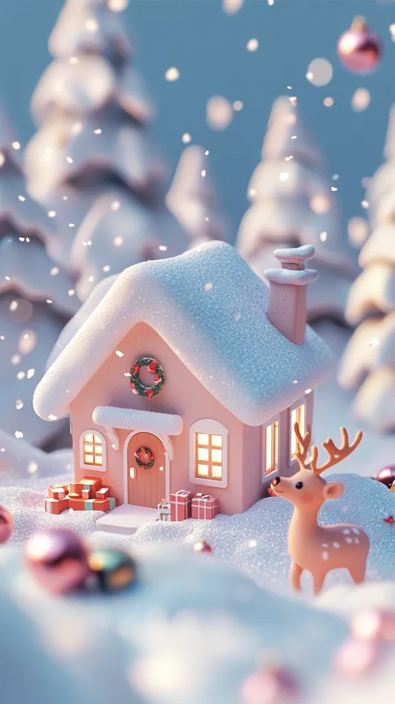 A charming, snow-covered pink cottage sits in a winter wonderland.  The house is adorned with wreaths and glows warmly from within.  Gifts are piled on its doorstep, and a sweet, cartoonish reindeer stands nearby.  Snow falls gently, creating a magical atmosphere amongst the softly lit, snow-dusted pine trees.  The scene is a delightful blend of Christmas charm and whimsical artistry.