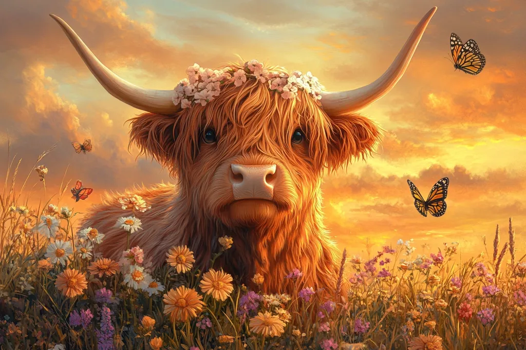 Here's a description of the image:

A Highland cow, adorned with a delicate crown of pink and white flowers, is the focal point of this idyllic scene.  Its long, reddish-brown fur is luxuriously depicted, and its large, expressive eyes convey a gentle nature. The cow stands serenely amidst a vibrant field of wildflowers, bathed in the warm glow of a sunset sky.  Several monarch butterflies flutter around, adding to the peaceful, almost magical atmosphere.  The overall style is painterly and evokes a sense of tranquility and beauty in nature.