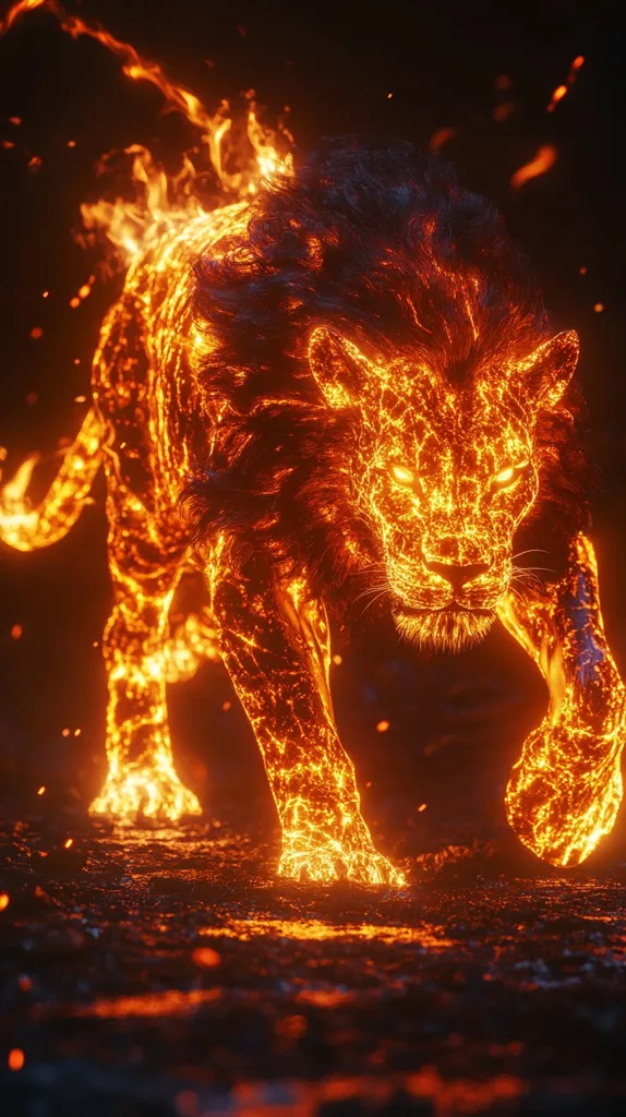 Here's a description of the image:

The image is a digital rendering of a lion, seemingly composed entirely of fire or molten lava.  Its fiery mane flows backward as it strides forward, its intense, glowing eyes fixed on something unseen.  The creature's body is textured with intricate, fiery details, giving it a dynamic, almost ethereal quality. Sparks and embers surround it, adding to the overall fiery atmosphere. The background is dark, contrasting sharply with the fiery lion, making it the focal point of the image. The overall effect is one of power, majesty, and intense heat.