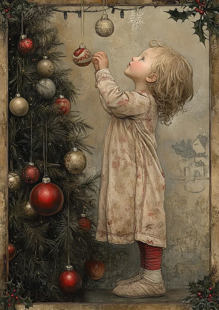 A young girl, dressed in a long, cream-colored nightgown and red socks, stands before a richly decorated Christmas tree.  She's carefully hanging an ornament, her gaze lifted in concentration. The scene is rendered in a painterly style, with muted tones and a slightly antique feel.  The Christmas tree is adorned with a variety of ornaments in red, gold, and silver, adding to the festive atmosphere. The background suggests a rustic or rural setting.  The overall impression is one of peaceful Christmas charm and innocent wonder.