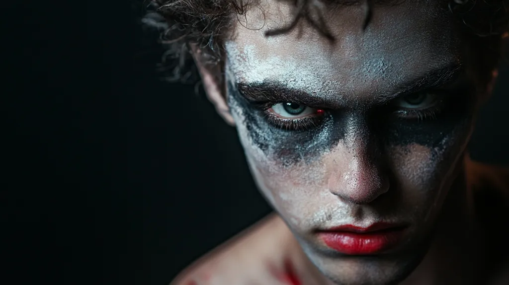 Close-up of a young man's face, heavily made up in a dramatic, possibly theatrical style.  White and dark grey paint is applied in a textured, uneven fashion, creating a striking contrast around his intense, piercing gaze.  His expression is serious, almost menacing.  Slight traces of red are visible, adding to the overall intensity and potentially suggesting injury or a more aggressive character. The dark background emphasizes the starkness of the makeup and the model's powerful stare.