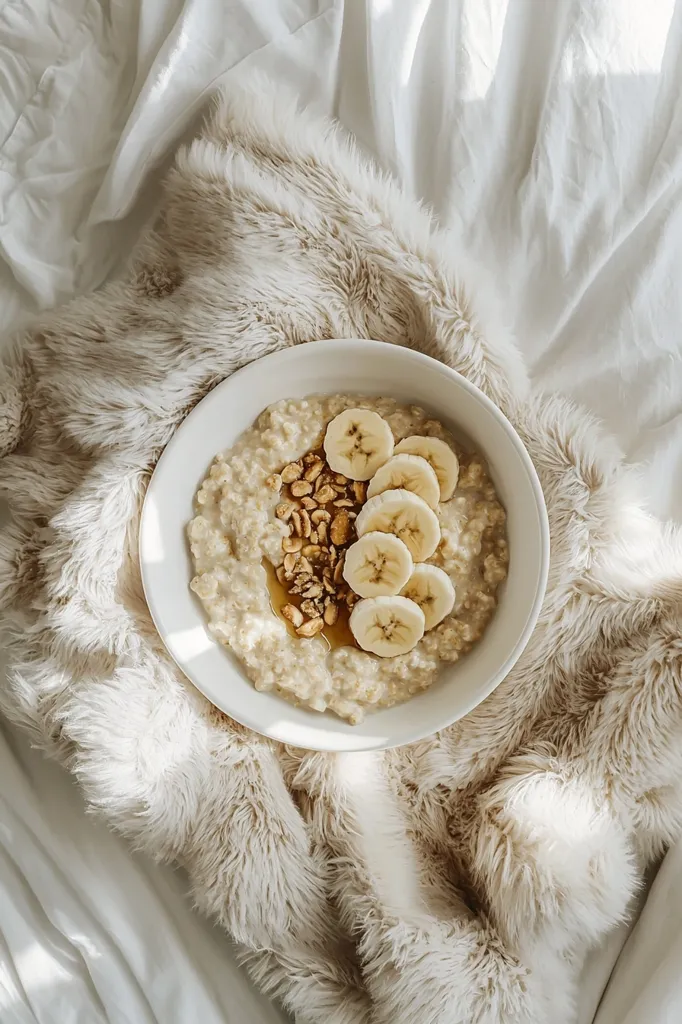 Here's a description of the image:

A bowl of oatmeal, topped with sliced bananas, chopped nuts, and a drizzle of honey, sits nestled on a creamy beige faux fur throw.  The throw is draped over crisp white bedding, creating a cozy and aesthetically pleasing scene. The oatmeal's creamy texture contrasts with the bright yellow of the banana slices and the brown of the nuts. The overall mood is calm, inviting, and suggests a relaxing breakfast in bed.