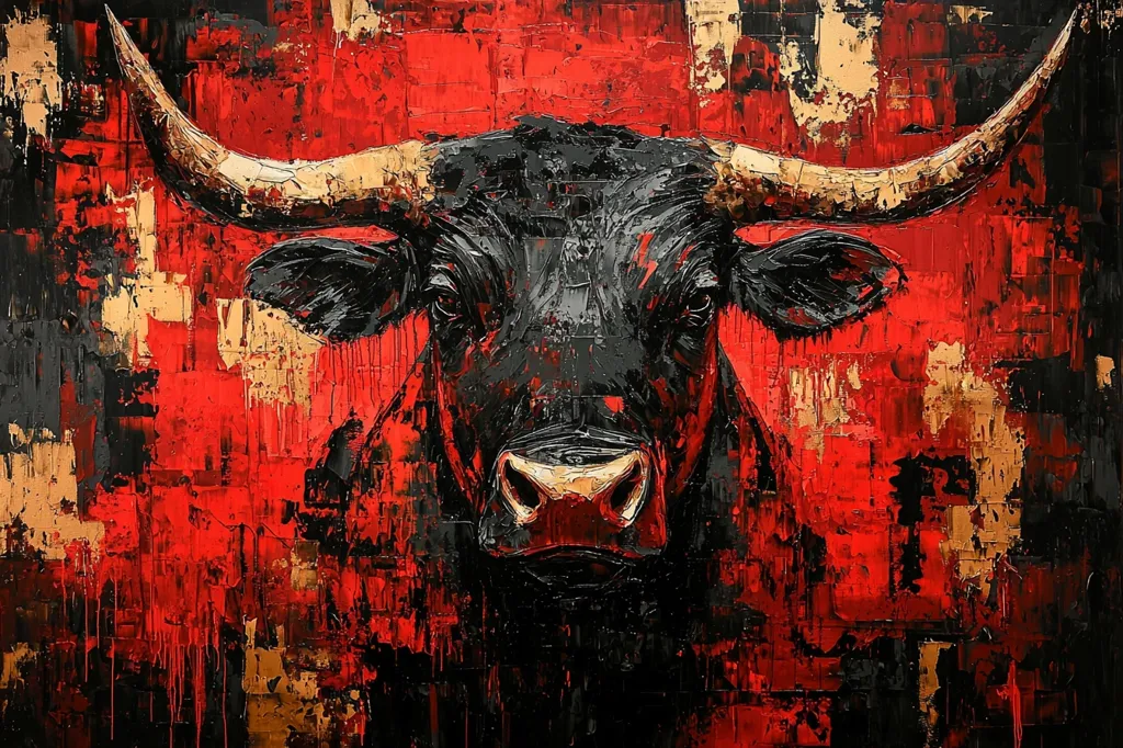 The painting is an impasto-style portrait of a black bull, its massive horns extending widely. The bull's head fills most of the canvas, its gaze direct and powerful. The background is a vibrant, textured mix of red and gold, applied in thick, expressive strokes. The contrast between the dark bull and the fiery background creates a dramatic and intense image, suggestive of strength and primal energy. The artist uses a palette knife to achieve the impasto effect, contributing to the bold and visceral quality of the work.