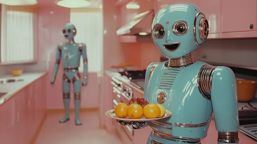 Here's a description of the image:

The image shows two retro-styled robots in a pastel pink kitchen.  The robot in the foreground is teal and chrome, holding a plate of oranges and grapes. It has a cheerful, almost cartoonish face. A similar but slightly smaller robot stands in the background, blurred slightly. The kitchen is 1950s or 1960s style, complete with pink cabinetry and a chrome stove. The overall aesthetic is playful and nostalgic, suggesting a futuristic vision from a past era.
