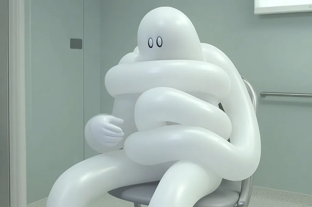 A minimalist, white, balloon-like figure sits hunched in a gray chair in a sterile, light-green room. Its limbs are intertwined, suggesting a posture of self-containment or anxiety.  Simple, dark dots represent eyes on its featureless face. The setting and the figure's pose create a sense of isolation and unease.  A portion of a wall-mounted medical device is visible in the background.