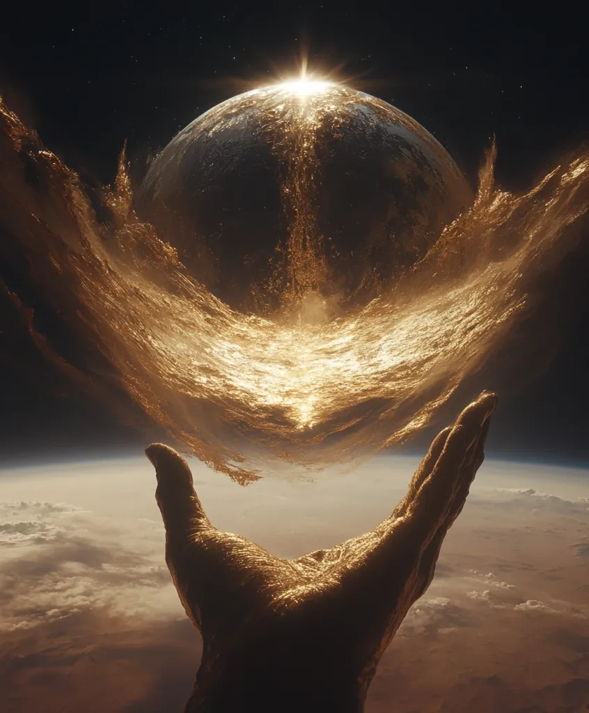 A cosmic scene depicts a colossal golden hand gently cradling a miniature planet.  The planet, bathed in the radiant light of a rising or setting sun, is partially enveloped in a swirling, golden, fluid-like substance that resembles celestial energy or a powerful wave. The hand's position suggests a sense of protection or creation, set against the backdrop of a vast, dark space and a partially visible Earth below. The overall impression is one of awe and immense power.