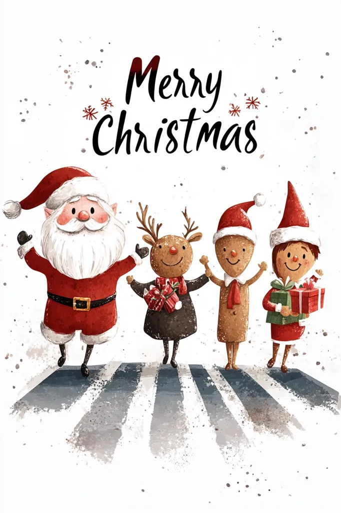 A festive Christmas illustration features Santa Claus, a reindeer, and an elf crossing a pedestrian crossing.  "Merry Christmas" is written above them in elegant script.  Santa, in his traditional red suit, holds hands with the reindeer and elf, who are both carrying gifts. The style is whimsical and painterly, with a slightly textured, watercolor-like effect.  The scene is lighthearted and joyful, capturing the spirit of Christmas.