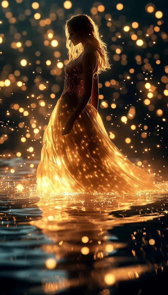 A woman in a shimmering gold gown stands in shallow water, her dress appearing to glow with golden light.  The background is filled with countless bokeh-like lights, creating a magical, ethereal atmosphere. The scene is dark, emphasizing the luminosity of the dress and the surrounding sparkles, suggesting a fantasy or dreamlike setting. The overall effect is one of beauty, enchantment, and mystery.