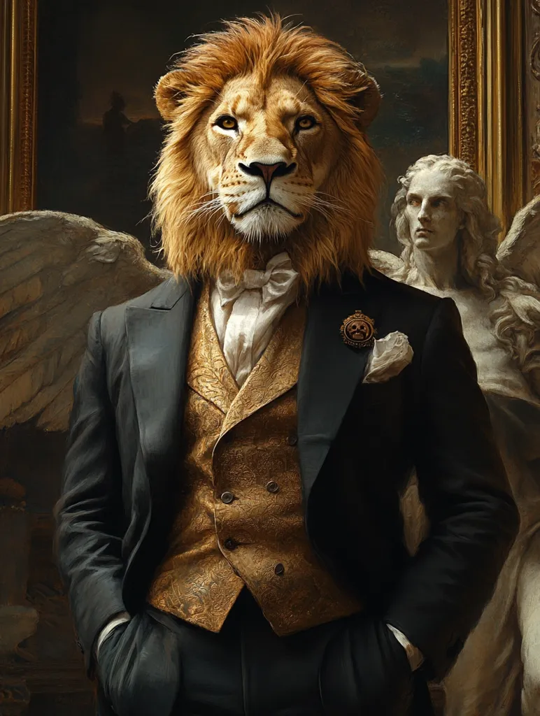 The image depicts a regal lion's head seamlessly integrated onto a human body, dressed in a sophisticated dark suit with a gold brocade waistcoat.  The lion, with intense eyes, wears a crisp white cravat and a pin on his lapel.  He stands confidently, hands in his pockets, against a backdrop of a classical-style painting featuring a sculpted angel.  The overall mood is one of stately grandeur and sophisticated surrealism.