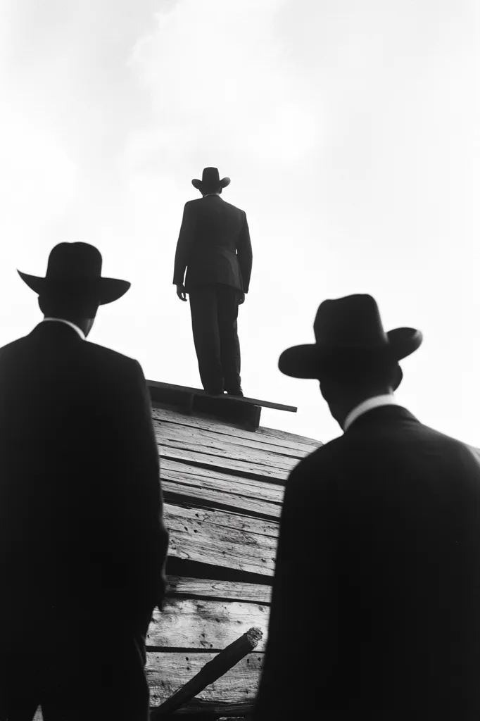 Here's a description of the image:

The black and white photograph shows three men in suits and cowboy hats standing on a weathered wooden structure against a bright, overcast sky.  One man stands alone, centrally positioned, his back to the viewer, on a slightly elevated platform. Two other men, also in dark suits and hats, are positioned lower, flanking the central figure, their gaze directed towards him.  The overall composition creates a sense of isolation and contemplation, with the strong contrast between light and shadow emphasizing the figures' silhouettes. The scene suggests a moment of quiet observation or a significant event.