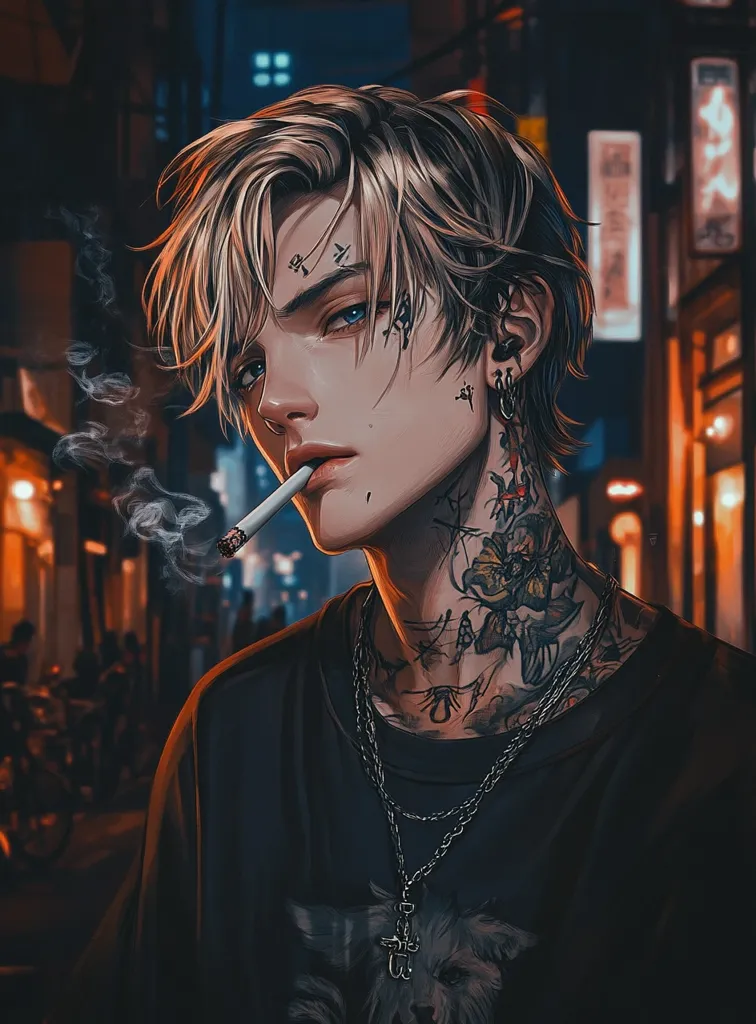 The image is a stylized portrait of a young man with blond hair and numerous tattoos adorning his neck and face. He is smoking a cigarette, and his expression is one of cool indifference. He wears a dark t-shirt and multiple necklaces. The background is a blurred, dimly lit city street at night, suggesting an urban setting. The overall style is anime-inspired, with a focus on detail and dramatic lighting. The artwork exudes a moody and slightly rebellious atmosphere.