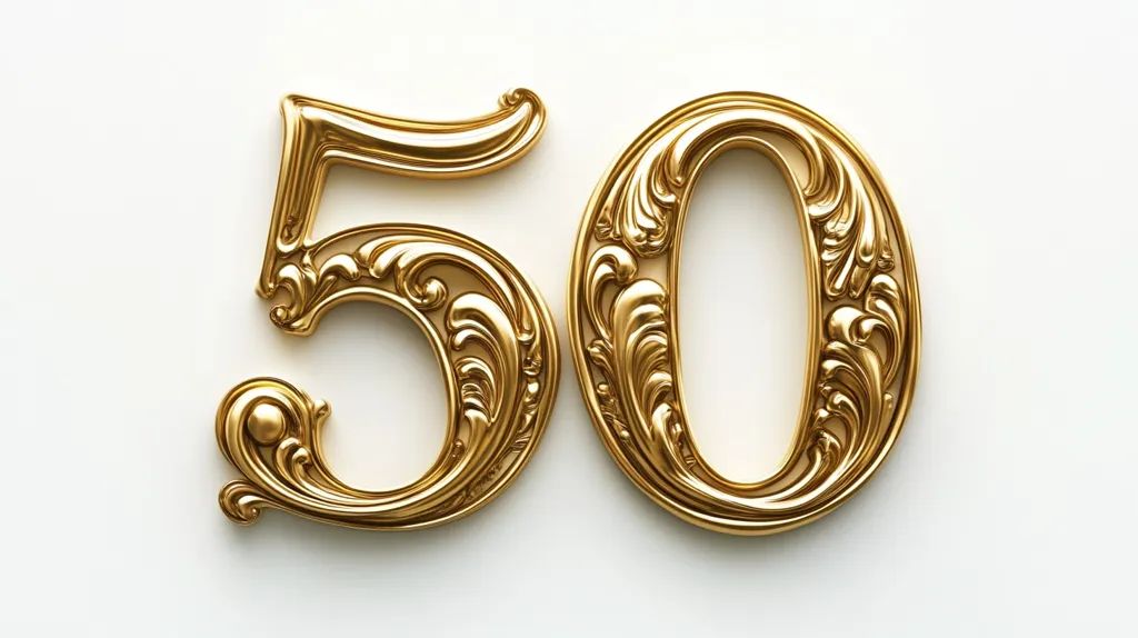 The image shows the number 50 rendered in ornate, gold, three-dimensional lettering against a plain white background.  The digits are highly decorative, featuring swirling, baroque-style flourishes and a glossy, metallic finish. The design suggests elegance and celebration, possibly representing a 50th anniversary or milestone.  The gold color adds a sense of luxury and opulence.