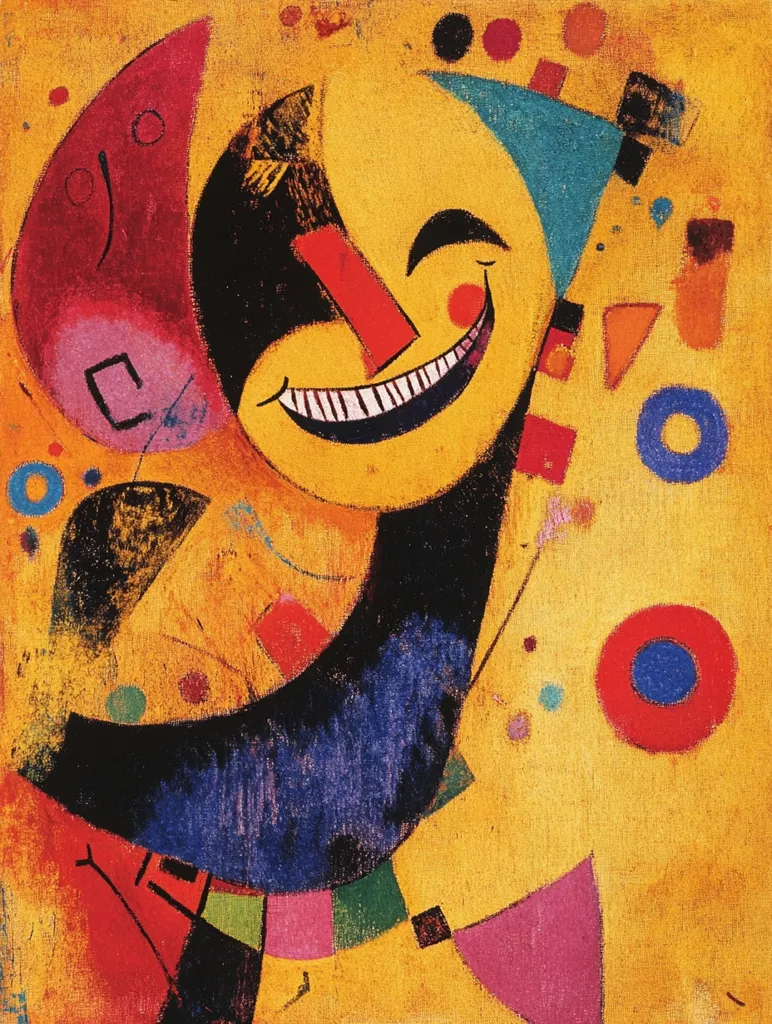 This abstract artwork is a vibrant explosion of color and form. Dominated by a joyful, wide-mouthed grin on a yellow background, the face is constructed from bold black and red lines.  Surrounding the central figure are smaller, geometric shapes in various colors—blues, reds, pinks, and greens—scattered across the golden canvas, creating a dynamic and playful composition. The style suggests elements of  expressionism and possibly abstract expressionism, with visible brushstrokes adding texture. The overall effect is one of unrestrained joy and energy.